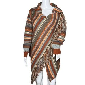 Poncho Cardigan Womens Small Orange Brown Waterfall Front‎ Tassel Fringe Button